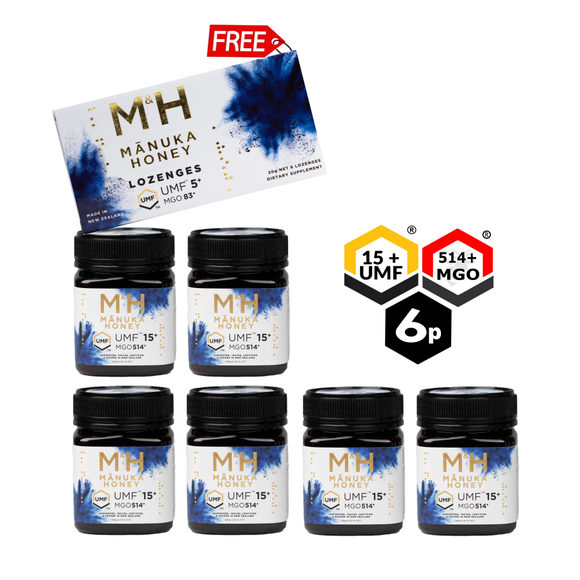 Bundle of 6 UMF 15+ Manuka Honey + FREE Lozenges  