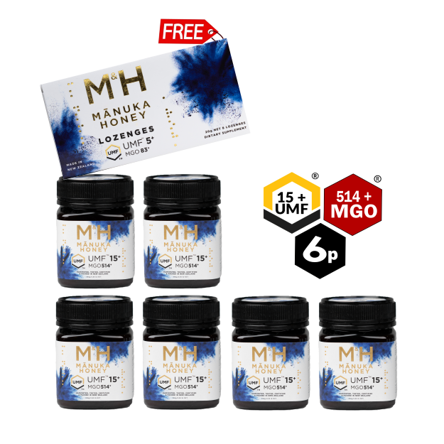 Bundle of 6 UMF 15+ Manuka Honey + FREE Lozenges  