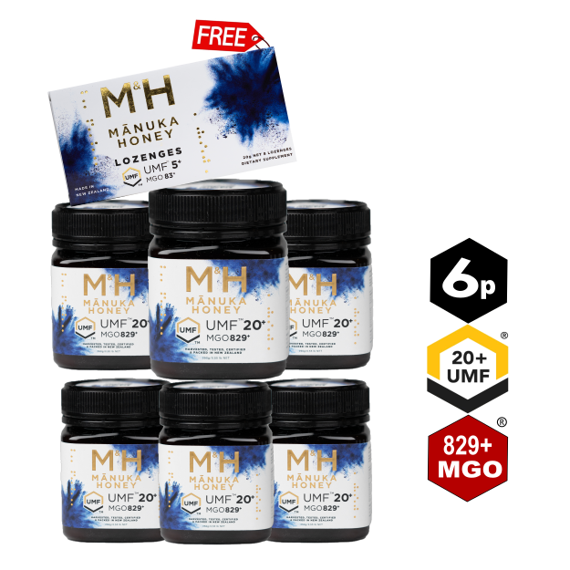 Bundle of 6 UMF 20+ Manuka Honey + FREE Lozenges  