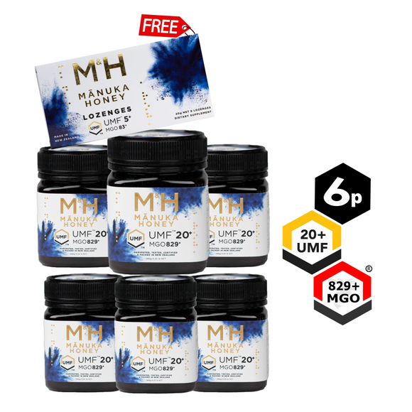 Bundle of 6 UMF 20+ Manuka Honey + FREE Lozenges 